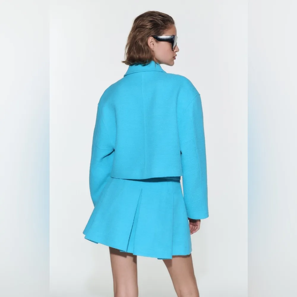 ZARA Cropped Bomber Tweed Weave Textured Zip Jacket Blue Size XS NEW - Image 13