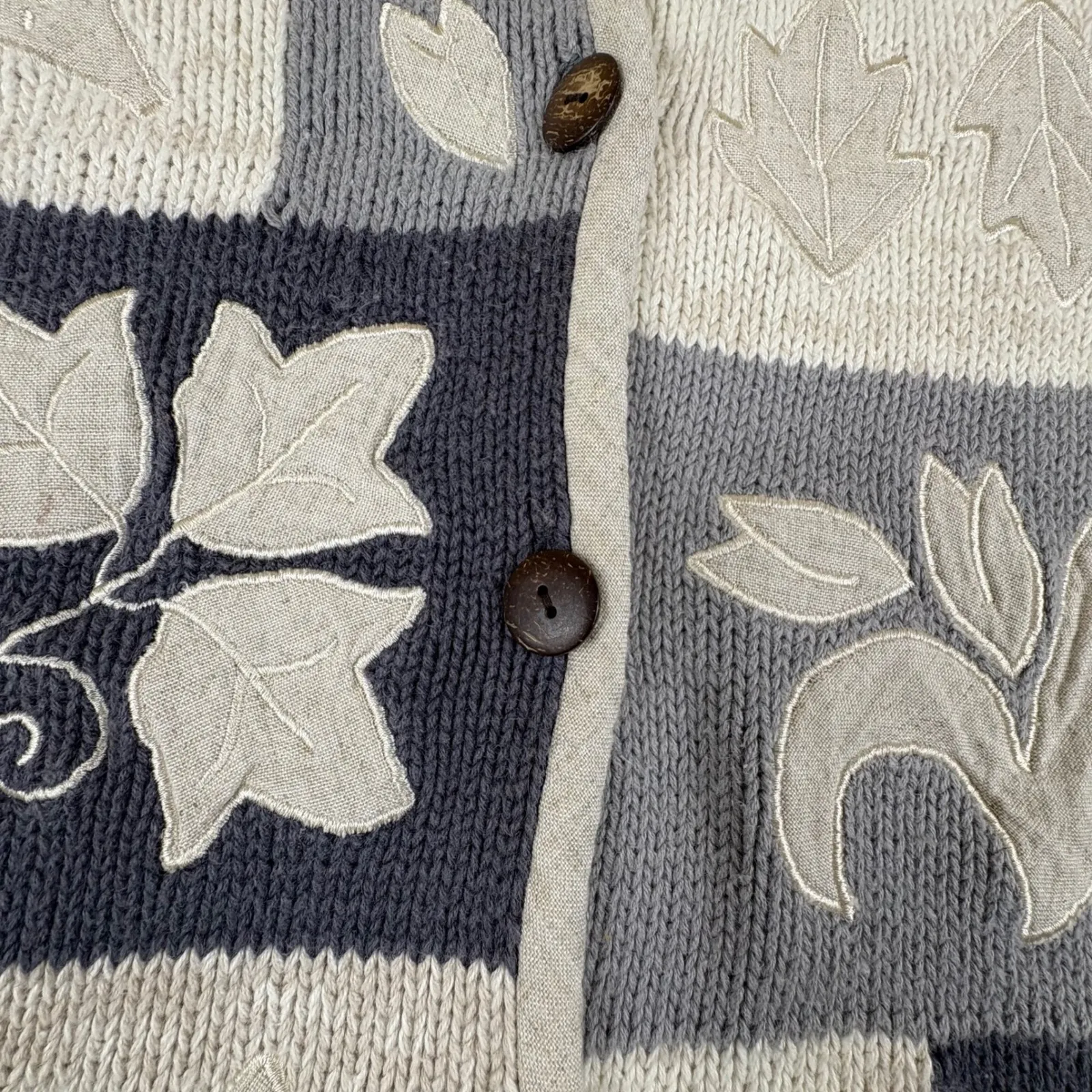 Vtg ORVIS Womens Patchwork Leaf Cardigan Sweater L Gray Button Front‎ Knit Y2K - Image 10