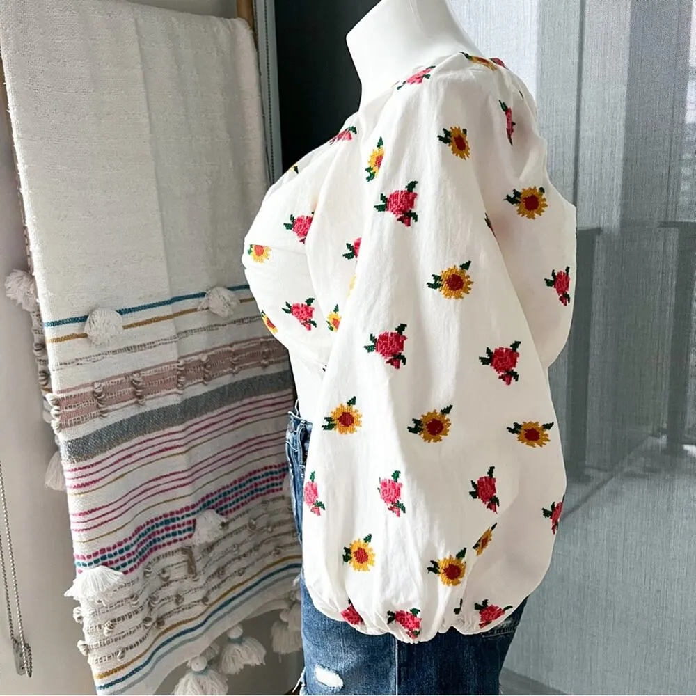 Farm Rio Mixed Cross Stitch Flowers Embroidered Long Balloon Sleeves Crop Top XL - Image 3