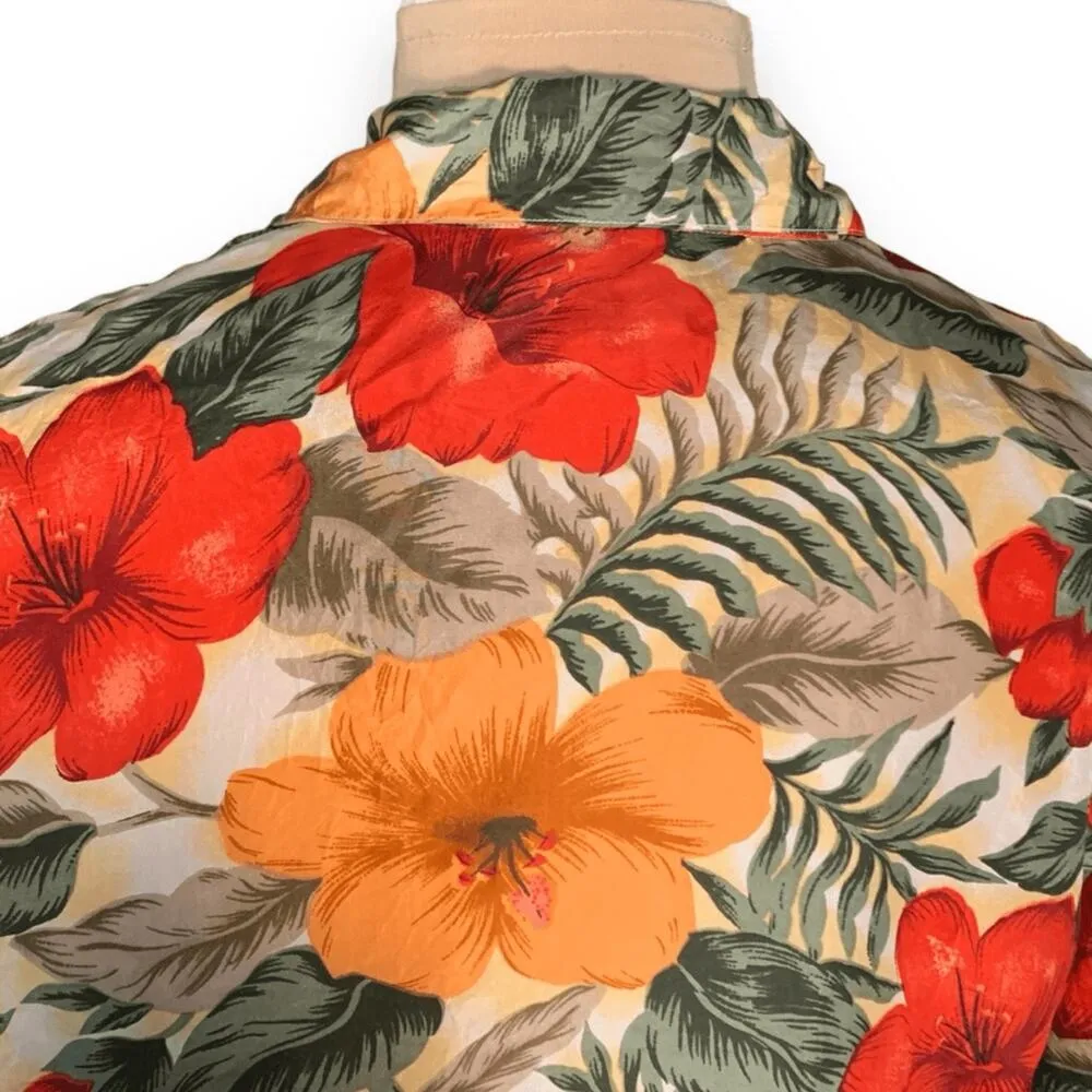 Vintage Options Melrose Silk Hawaiian Shirt Red Orange Hibiscus Floral Medium - Image 5