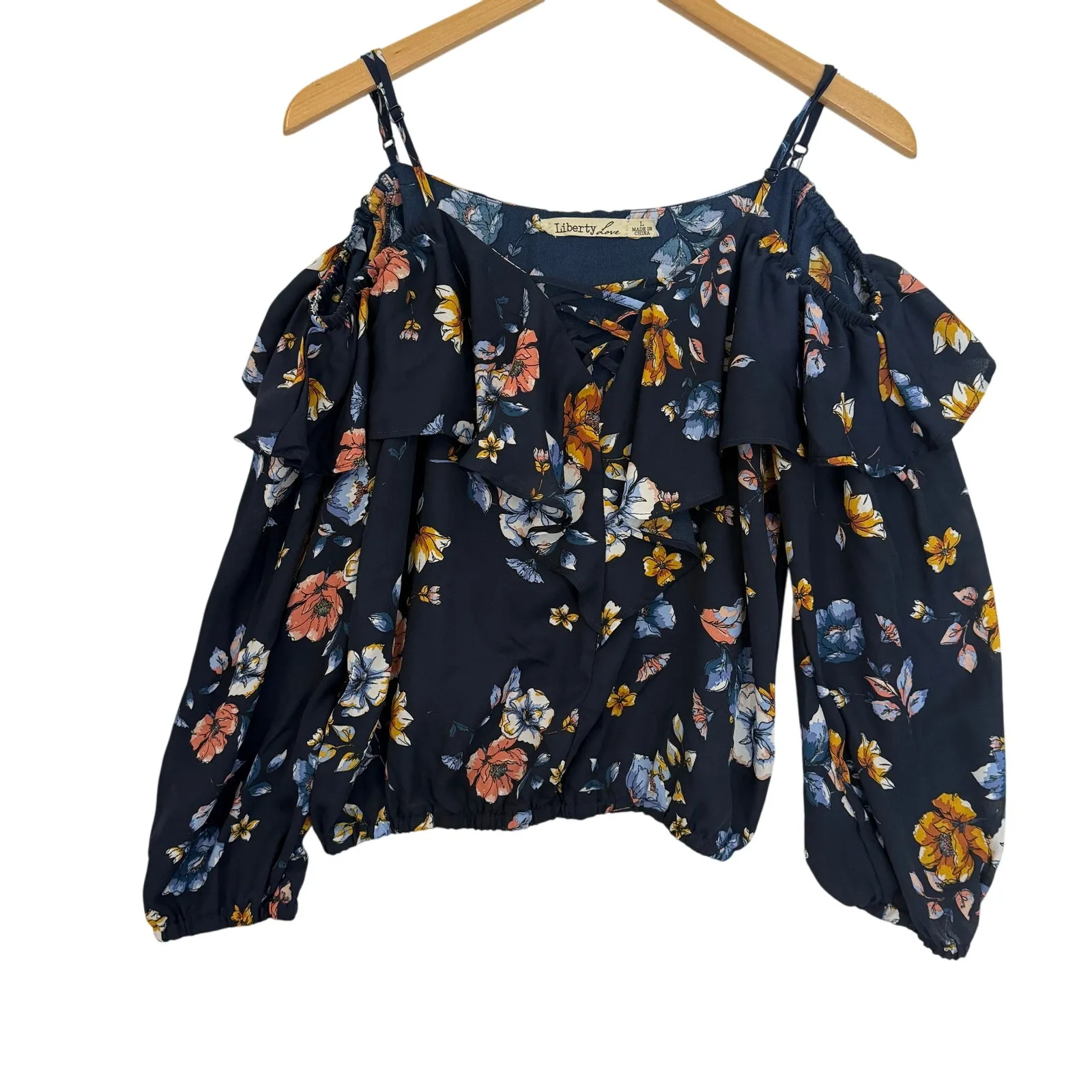 Liberty Love Floral Ruffle Cold Shoulder Cropped‎ Top Size Lg Y2K Coquette Indie - Image 2