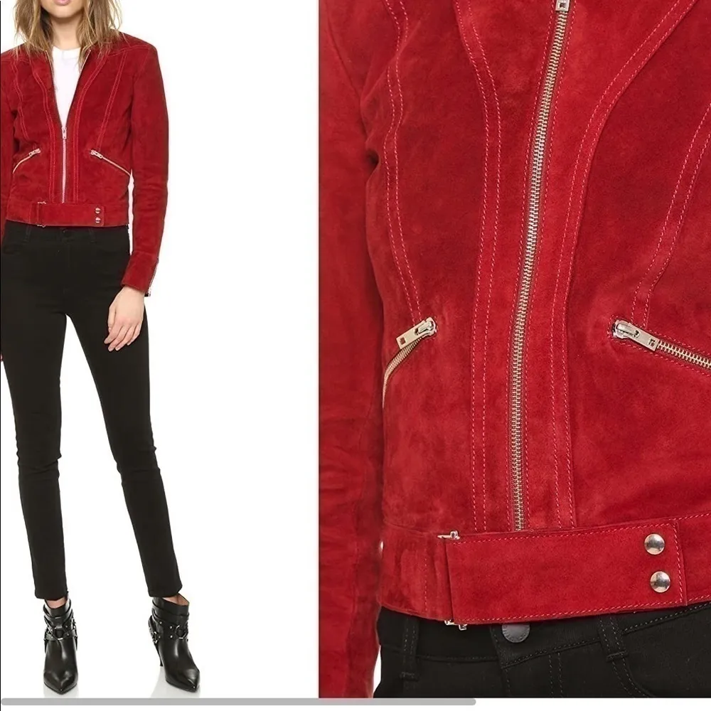 IRO Tatiana Red Suede Leather Jacket Silver Zippers Buckle Belt Fall Size 8 (40) - Image 5