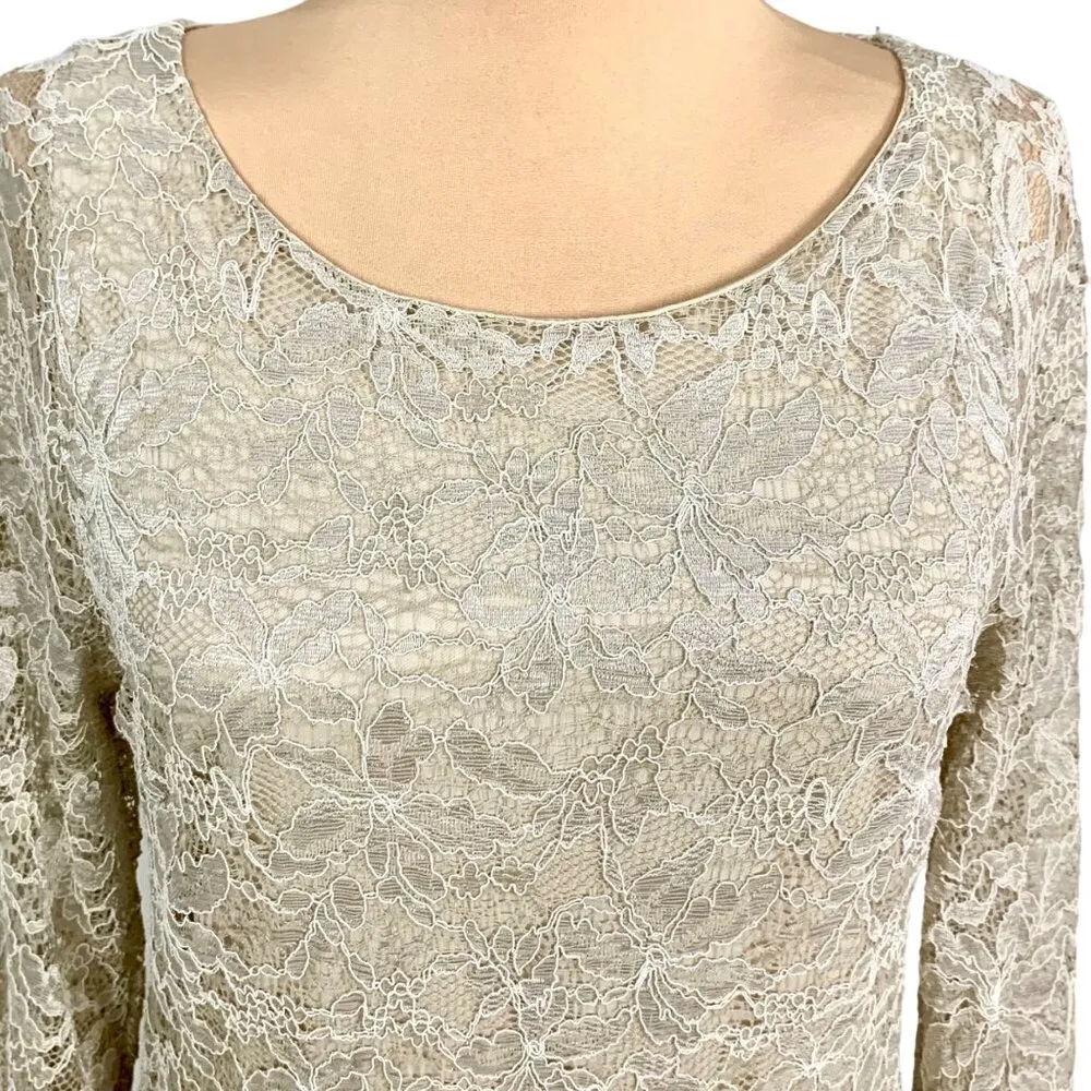 Audrey 3+1 Lace Cocktail Mini Dress M Bell Long Sleeves Scoop Neck Ivory Beige - Image 3