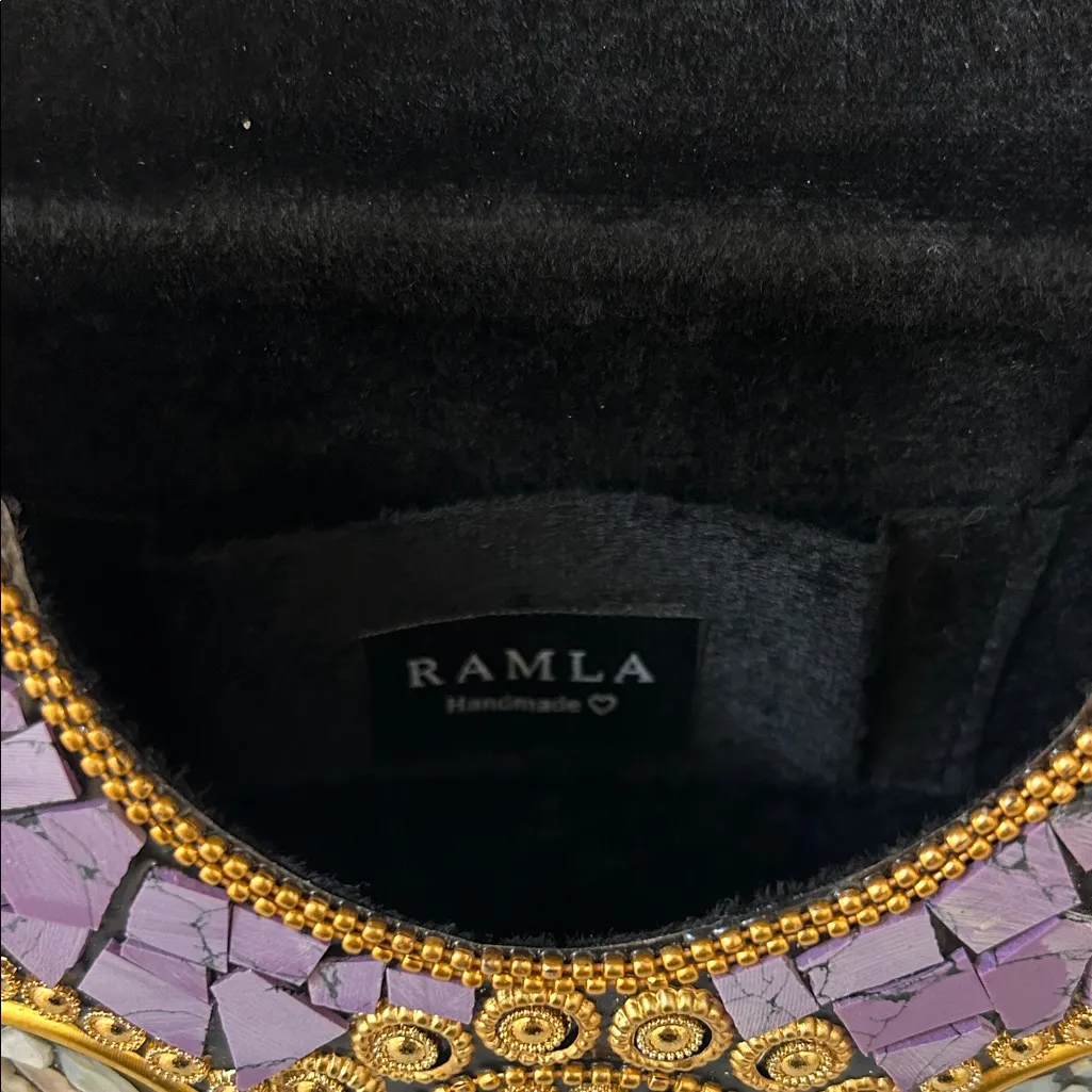 Ramla Beverly Hills Mosaic Handmade Beaded Purple Clutch Brand New with Chain Gold - Image 8