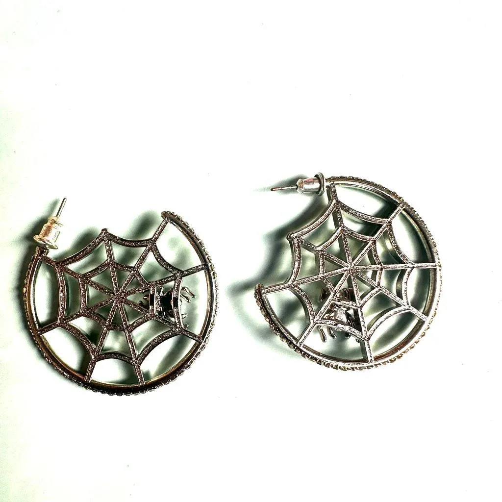 Spiderweb Hoop Earrings with Black Rhinestone Spiders Silver - Image 3