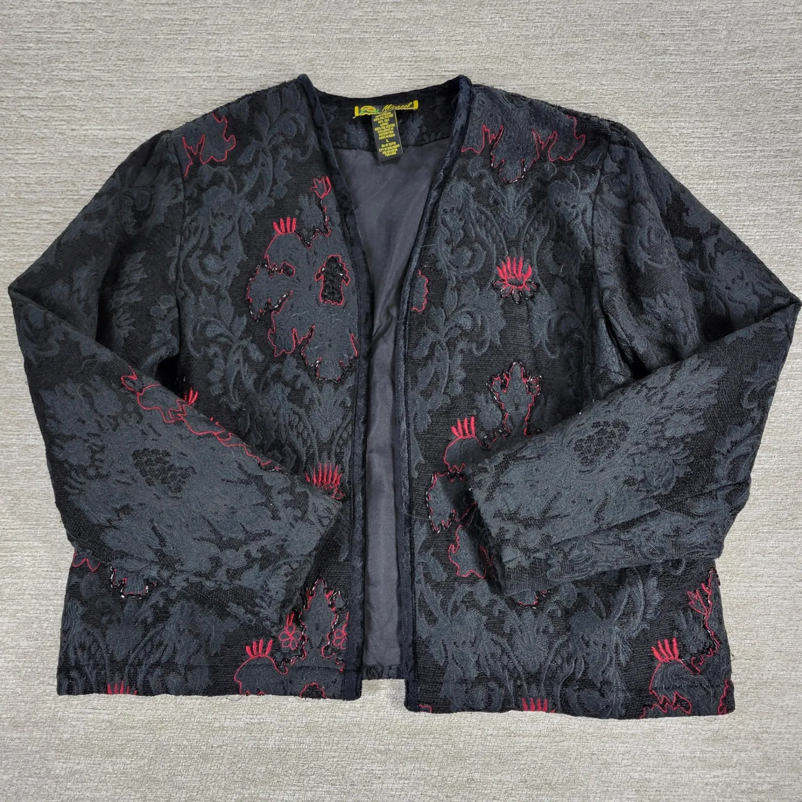 VTG Mirasol Floral Brocade Beaded Jacket Large Black Embellished Red Accents - Image 3