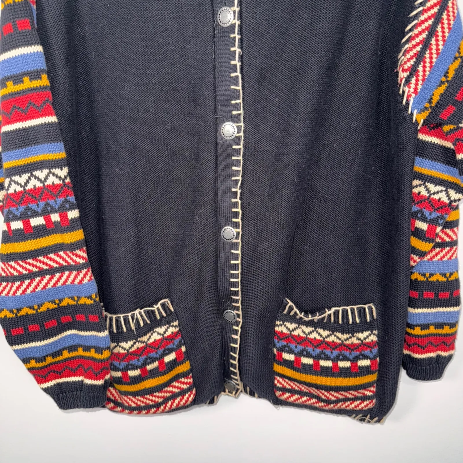 Lizsport Black Multi Color Geometric Knit Hoodie Cardigan Sweater Womens M Size M - Image 3