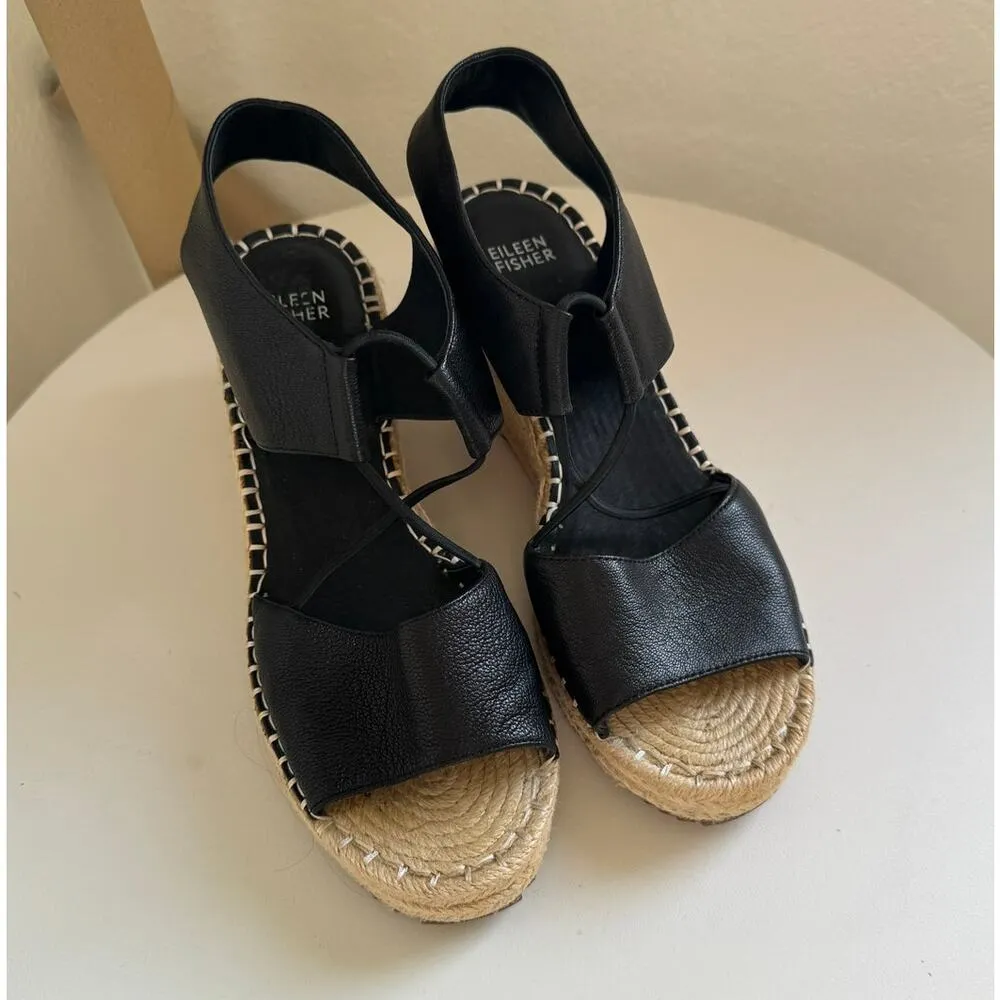 NWOT Eileen Fisher Black Leather Agnes Espadrille Wedge Sandal Women's Size 9 - Image 2