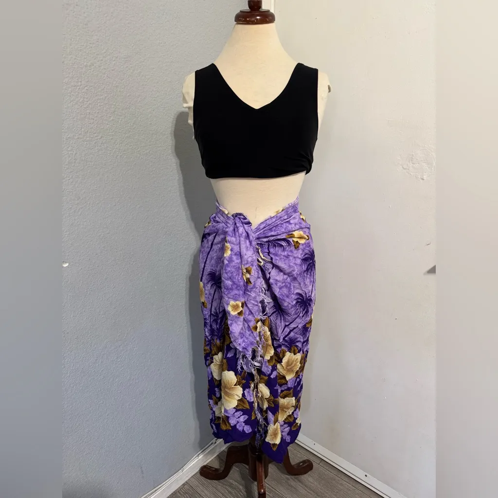 Hawaiian Floral Purple Pareo Beach Cover Up Wrap Tasseled Sarong Skirt Dress Size undefined - Image 2