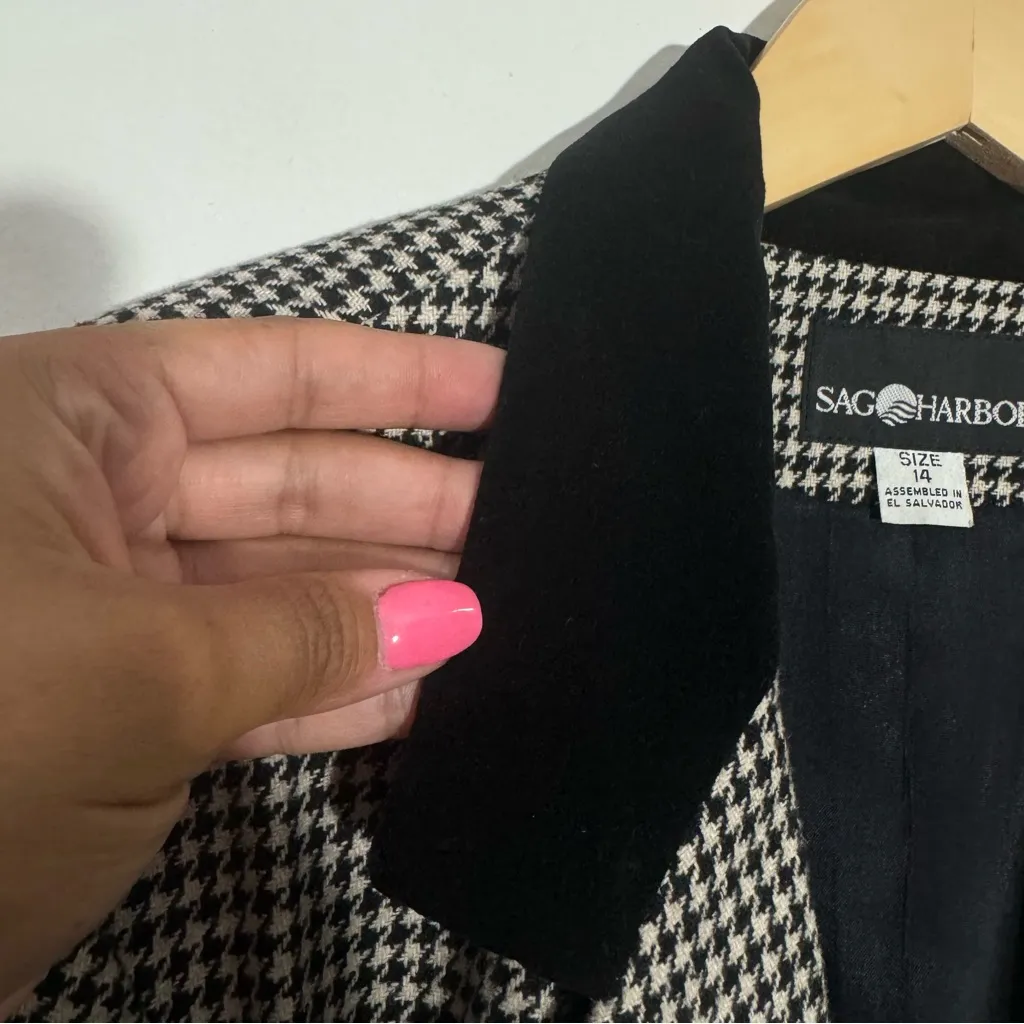 Sag Harbor Wool Blend Houndstooth Print Blazer Velvet Collar Black/White Size 14 - Image 6