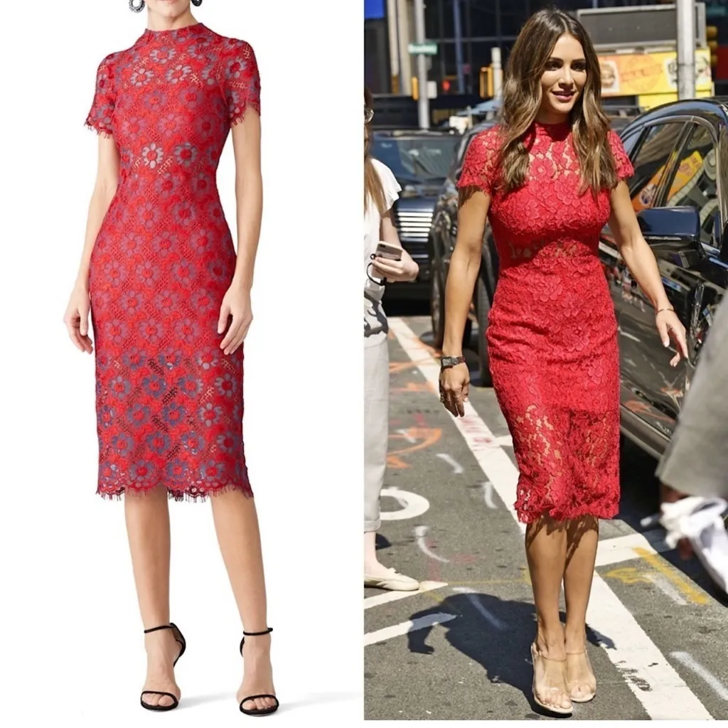 ALEXIS Floral Lace Short Sleeve High Neck Sheer Cutout Bodycon Sheath‎ Dress L - Image 2