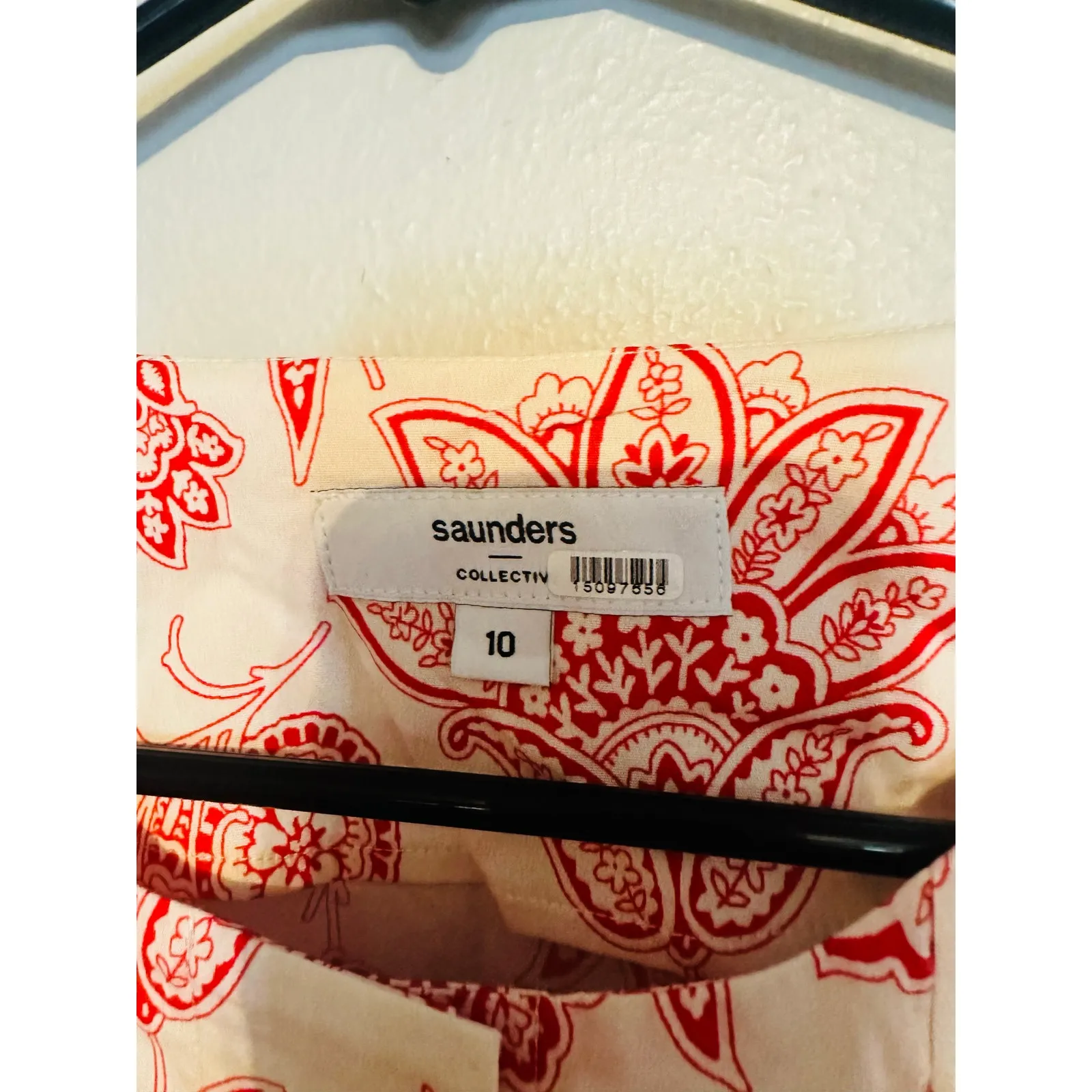 SAUNDERS COLLECTIVE Red Floral Long Sleeve Button Front Tie Waist Fredrique Top Size 10 - Image 6