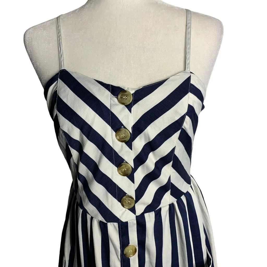 Style House Button Up Midi Dress M Blue White Striped Pockets Adjustable Straps - Image 2