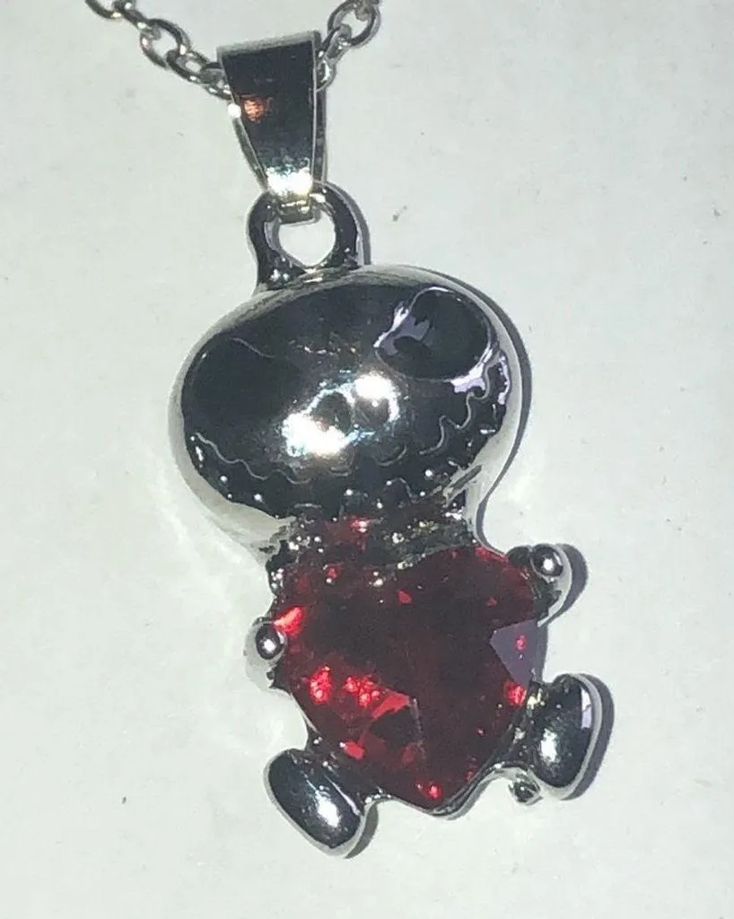 Ruby Red CZ Rhinestone Heart Skull Silver Tone Chain Boho Necklace - Image 2