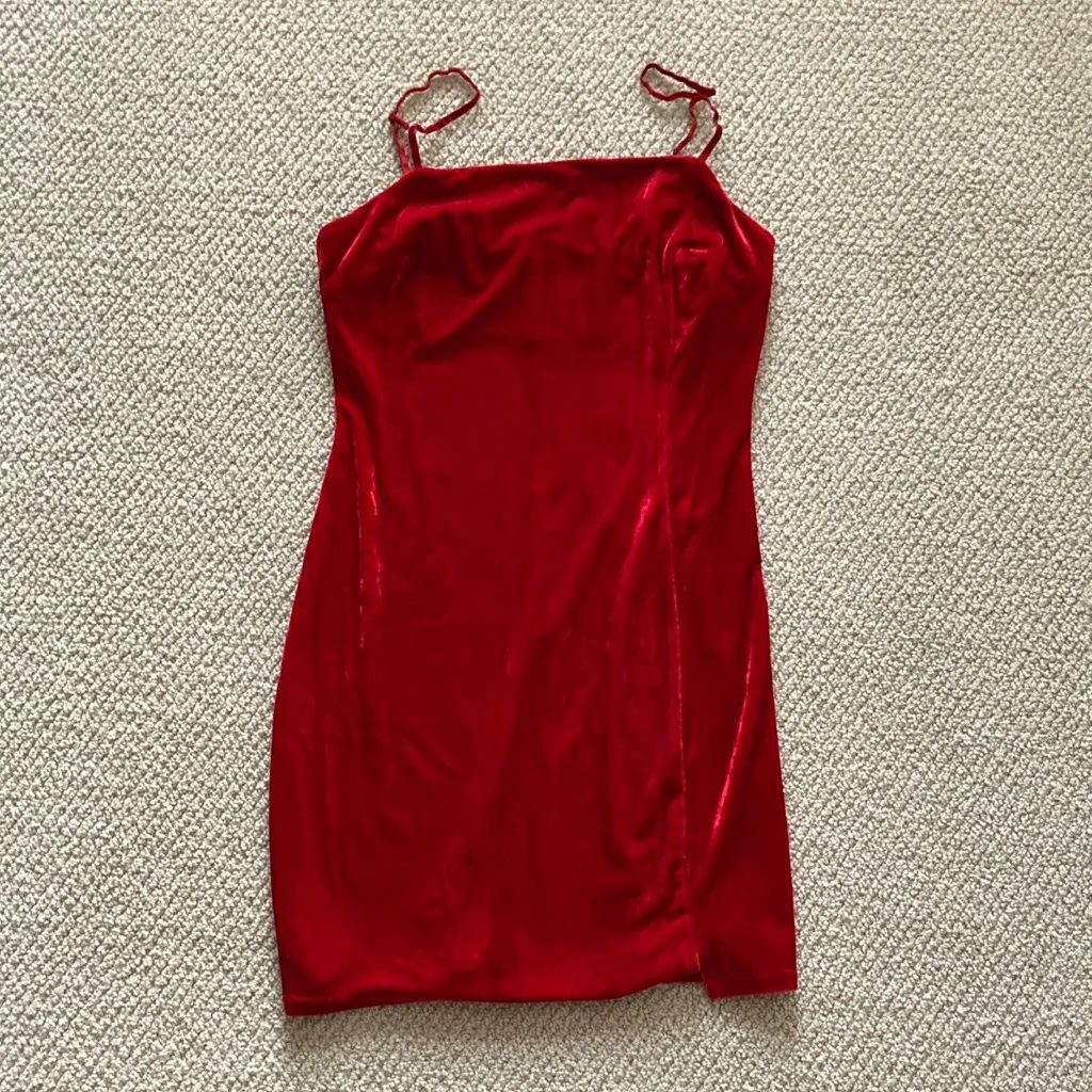 Lush Crushed Velvet Bright Red Christmas Holiday Dress Bodycon Medium Mini EUC - Image 6