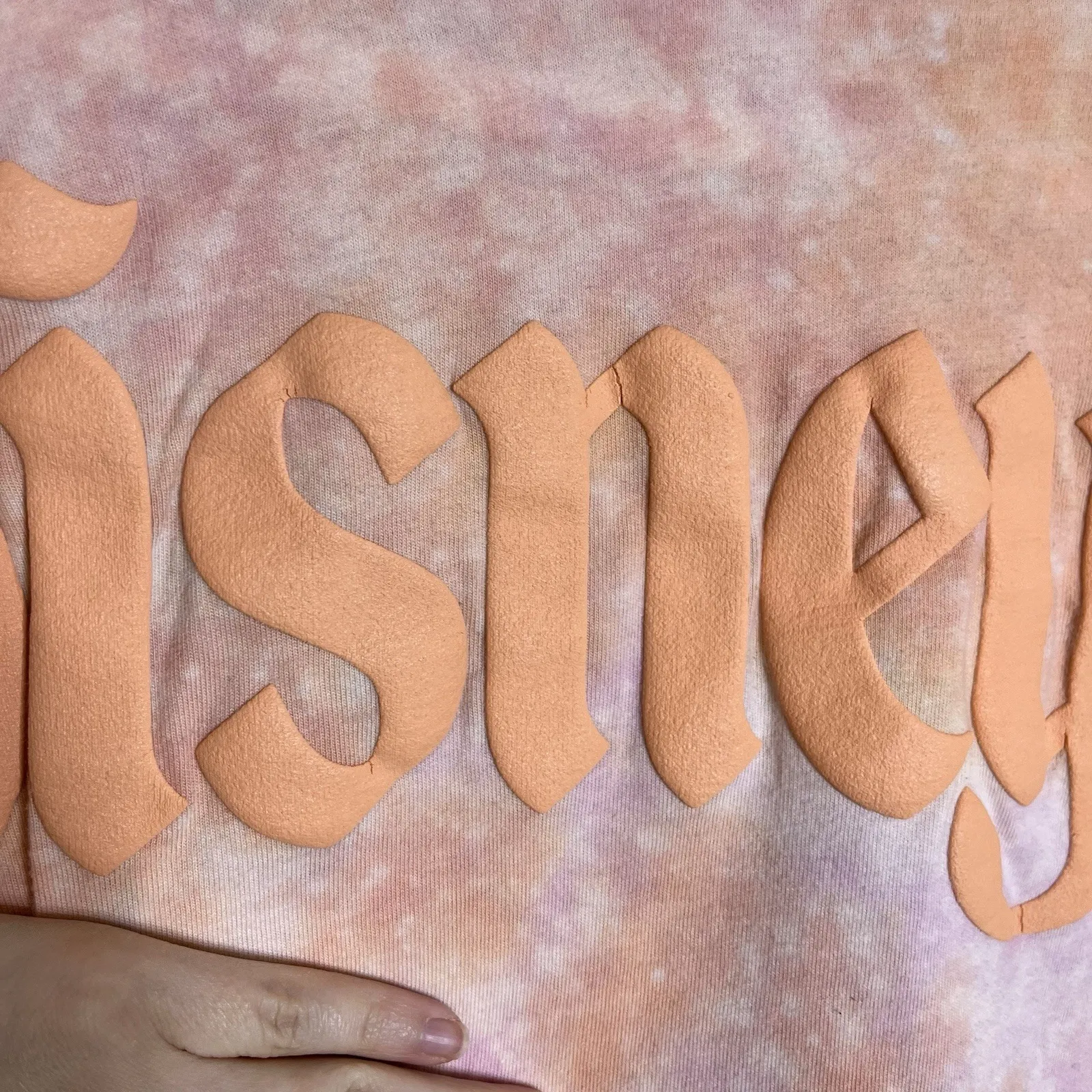 disney lightweight jersey Top Long Sleeve Logo Bubble 3d  Peach Pink Tie Dye XS - Image 9