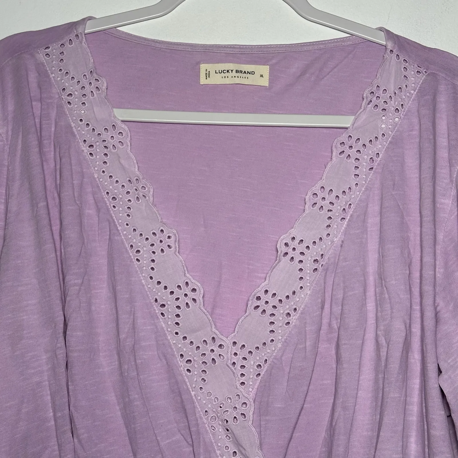 Lucky Brand Womens XL Purple Cotton Eyelet Lace Wrap Boho Long Sleeve Top - Image 6