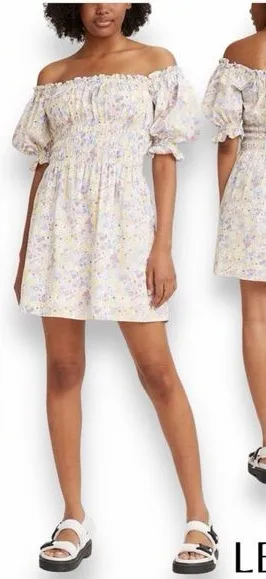 Levi’s Verenne Floral Cottagecore Puff Sleeve Off the Shoulder poplin Dress XL - Image 2