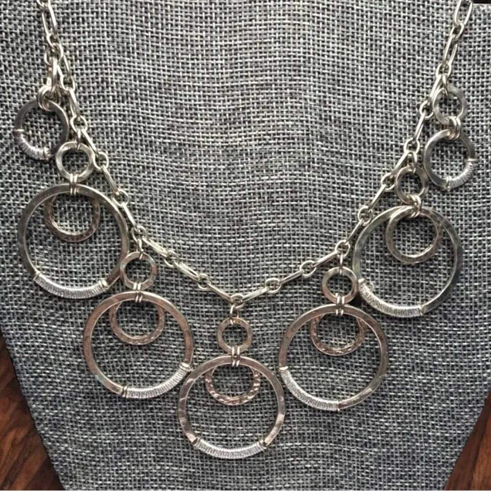 Wrapped Metal Layered Circles Statement Necklace - Boho Vintage Silver-Tone - Image 4