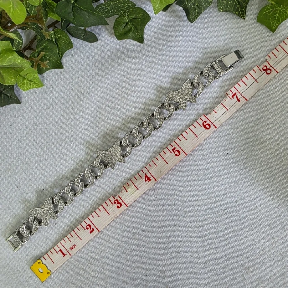 White Gold Filled Pave Cuban Link Chain Bracelet with CZ and Butterfly Silver - Image 7