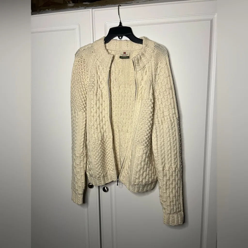 Carraig Donn Irish Wool Cableknit Aran full zip Sweater White Size M - Image 14