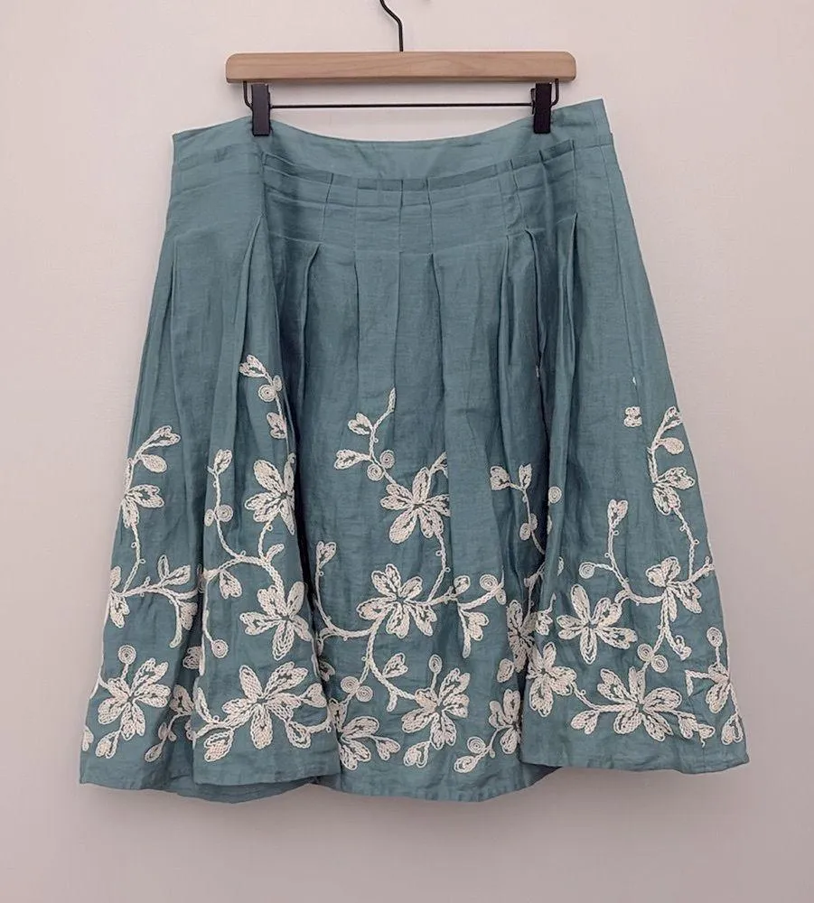 Talbots Floral Embroidered Pleated Skirt 100% Linen Teal Lined Cottagecore Sz 14 - Image 3