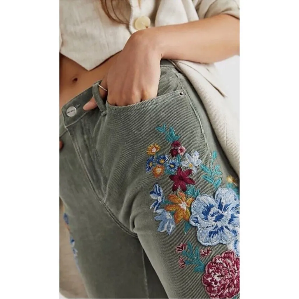 Free People x Driftwood Farrah  
Embroidered Cord Flare Jeans Sz 28 - Image 4