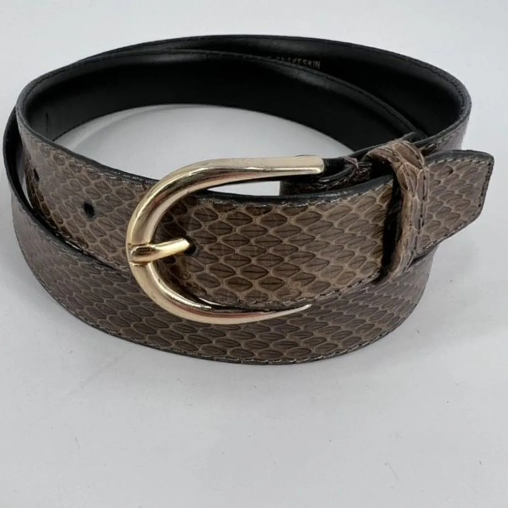 Vintage Women’s solid brass Buckle Genuine Snakeskin Belt Brown Black Size 32 la - Image 3