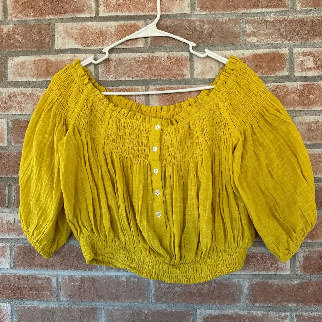 We The Free Off Shoulder Dancing Til Dawn Bardot Crop Top Stretchy Yellow XS - Image 3