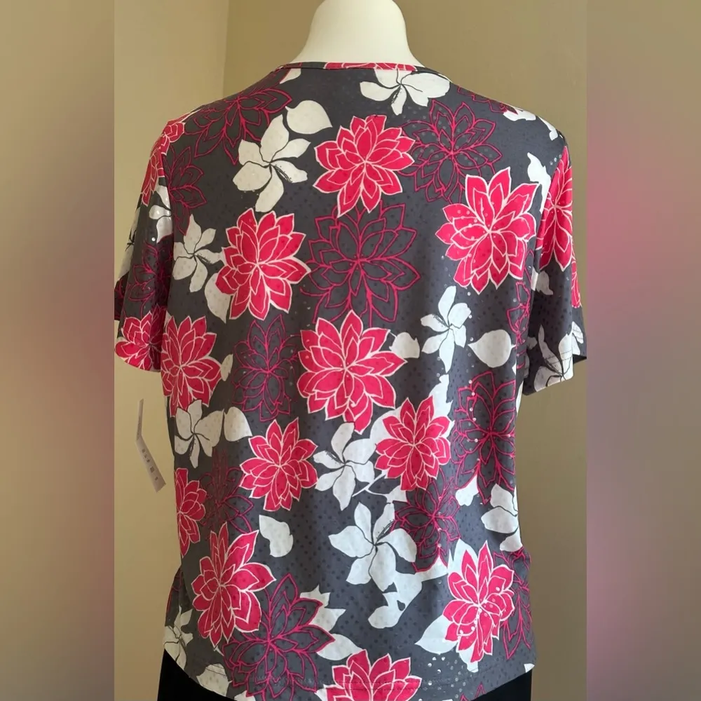Bon Worth NWT Gray Pink White Sequence Floral Print Blouse Short Sleeves SZ MP - Image 5