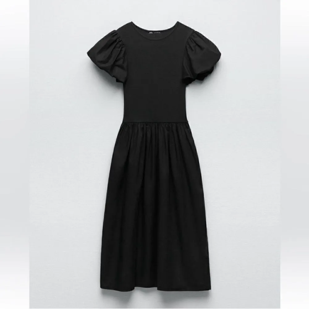 Zara Puff Sleeve Black Midi Dress(Size Medium) - Image 2