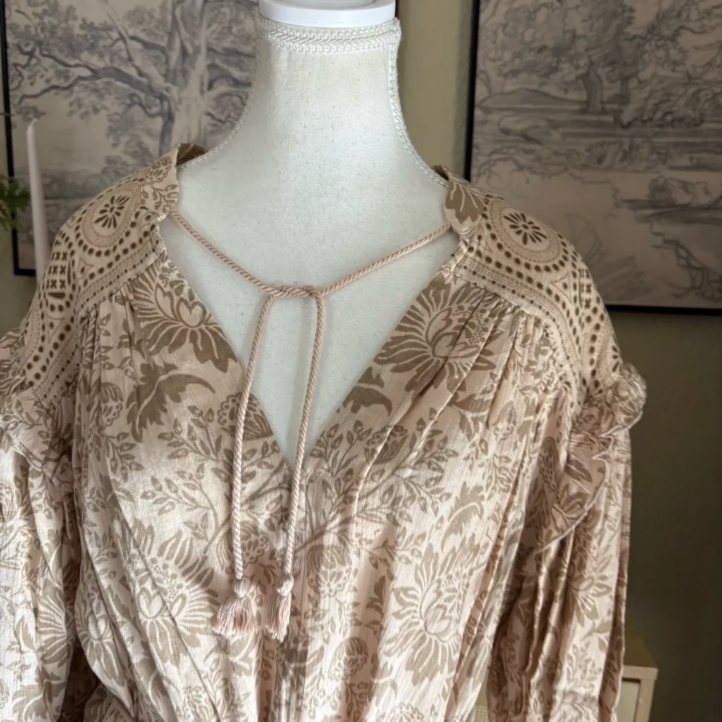 SPELL & THE GYPSY Lioness Boho Paisley Floral Ruffle‎ Tunic Dress in Smoke XS Tan - Image 4