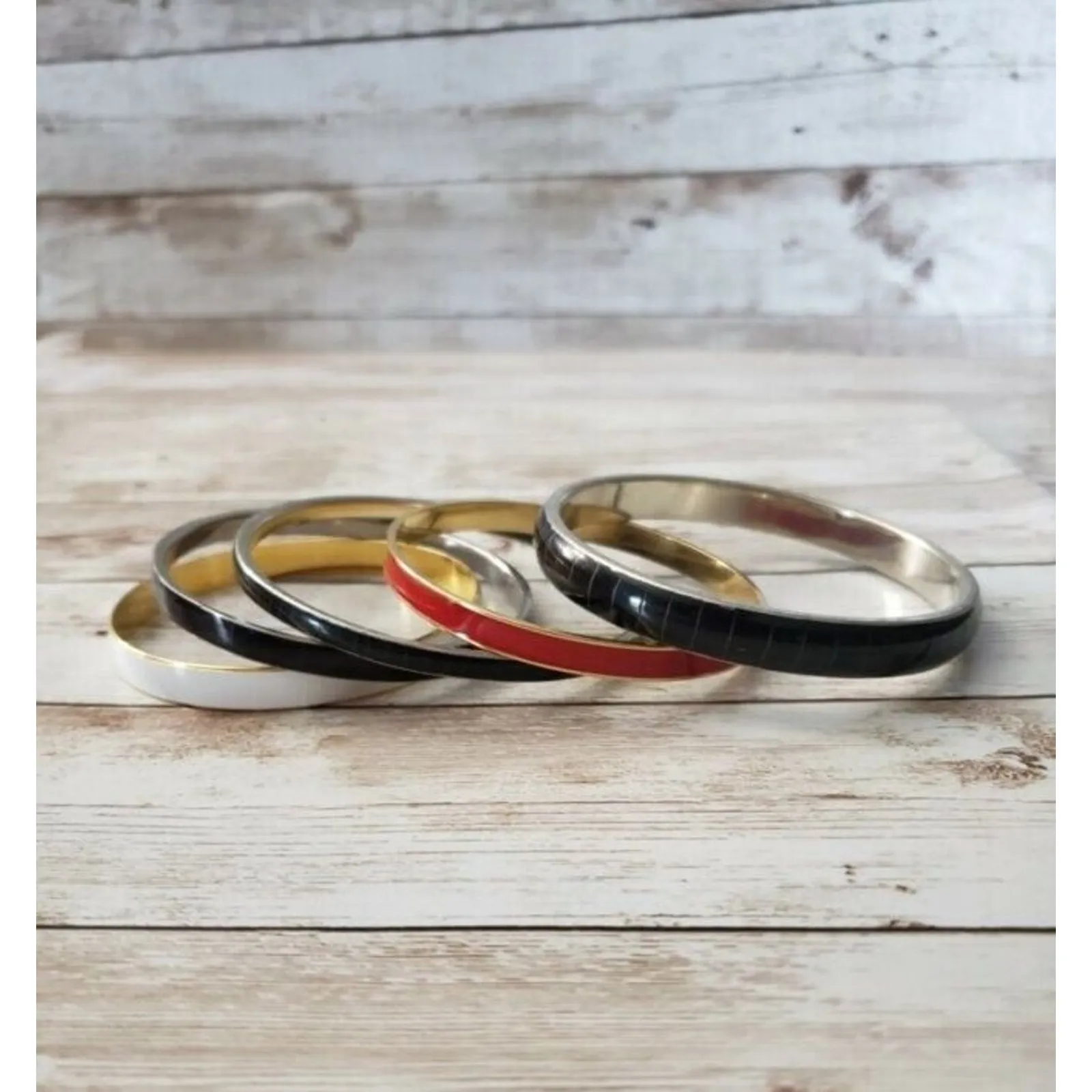 Set of 5 Bracelets / Bangles (Solid Black, White, Red) - Image 2