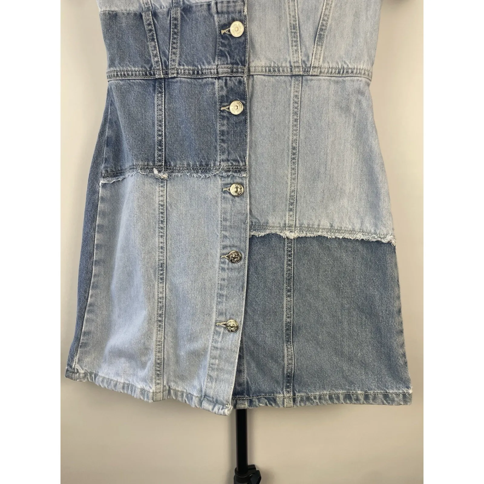 ZARA Blue Patchwork Mini Button‎ Up Blogger Fave Denim Short Sleeve Dress Size M - Image 3