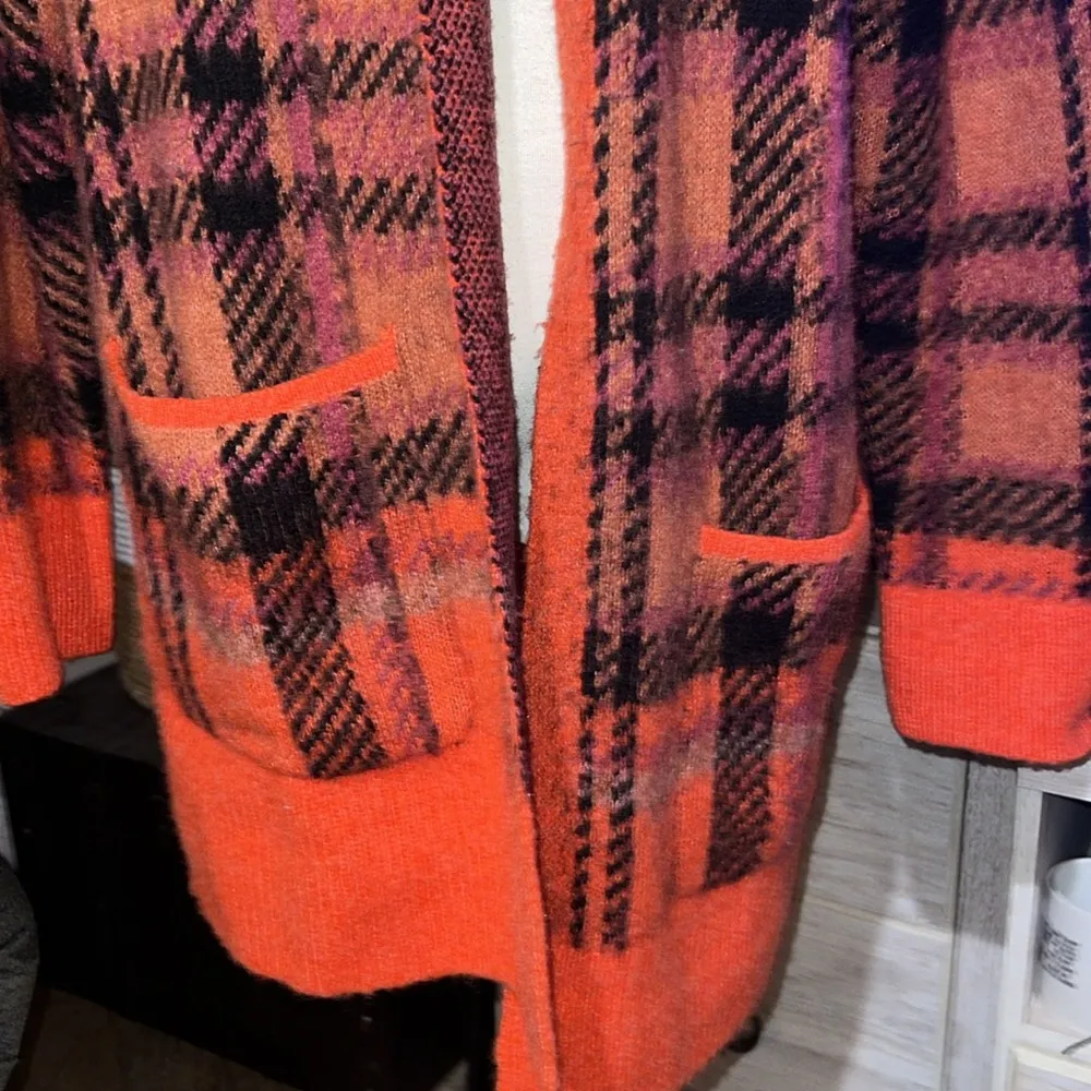 Sweater Womens orange Plaid Cardigan Long Sleeve Wool Blend XL - Image 3