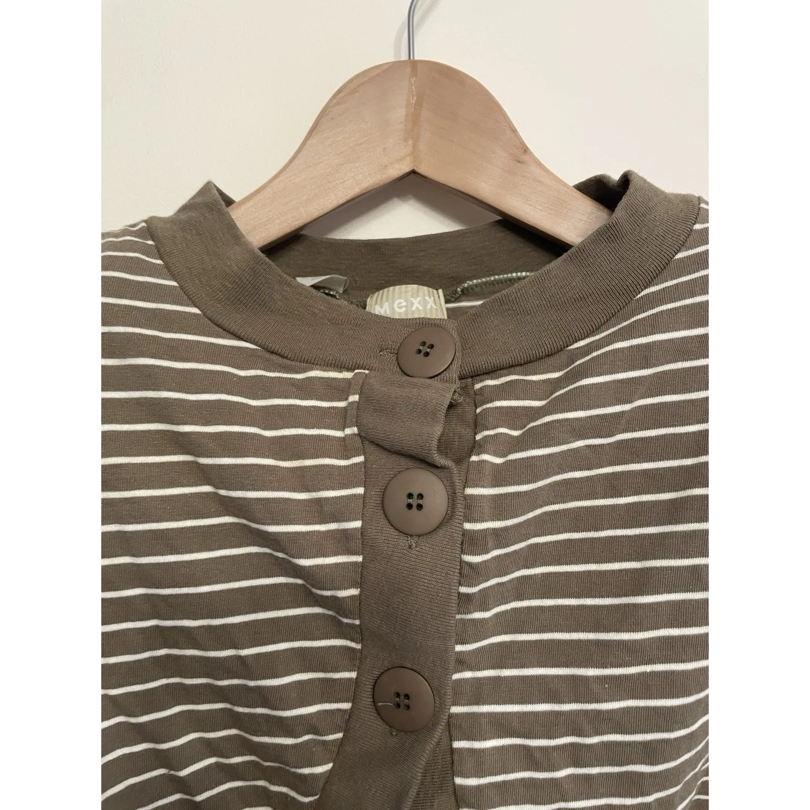 Vintage Mexx Cropped Short Sleeve Cardigan Women Medium Stripe Olive Green White - Image 3