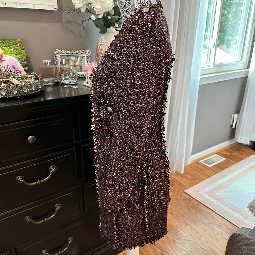 Zara Basic Tweed Longline Coat Jacket XS Black Red Fringe Bouclé - Image 7