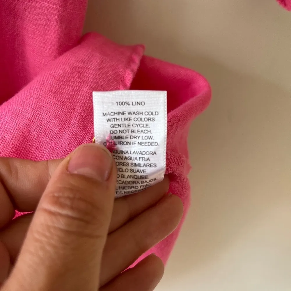 ELLEN TRACY Roll Tab Sleeve Linen Tunic Hot Pink V Neck Blouse Pockets Size M - Image 7