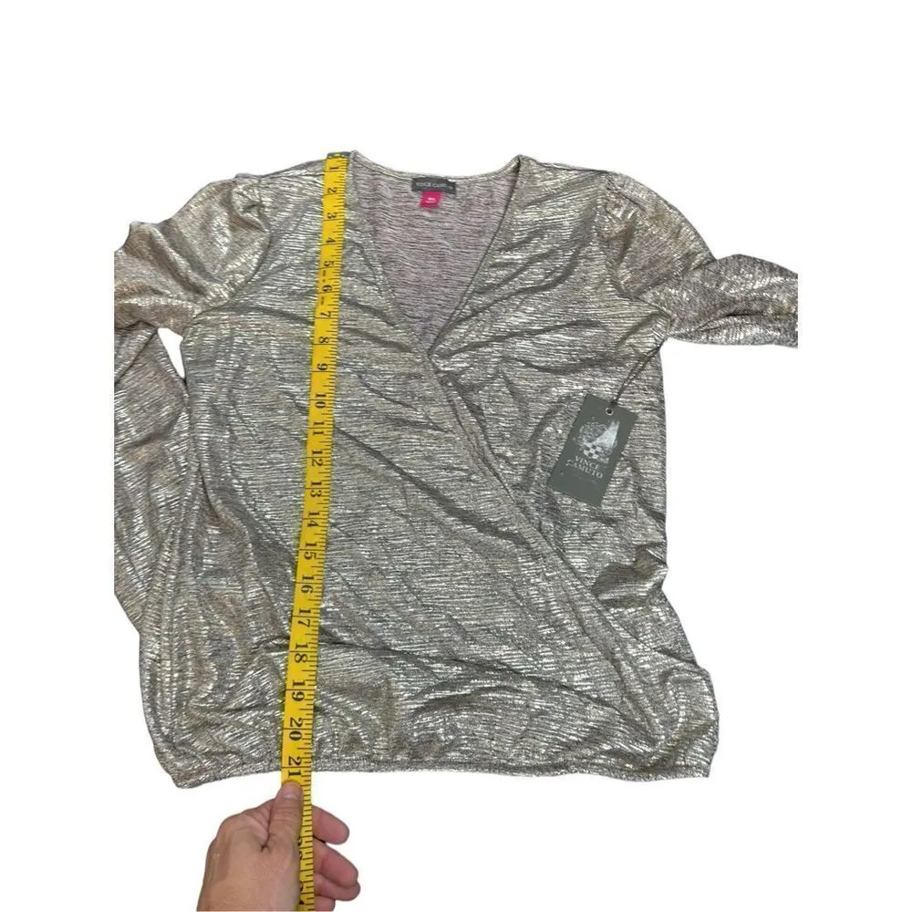 Vince Camuto Blouse NWT Gold Sparkle Silver V-Neck Stretchy Long-Sleeve Sz XXS - Image 5
