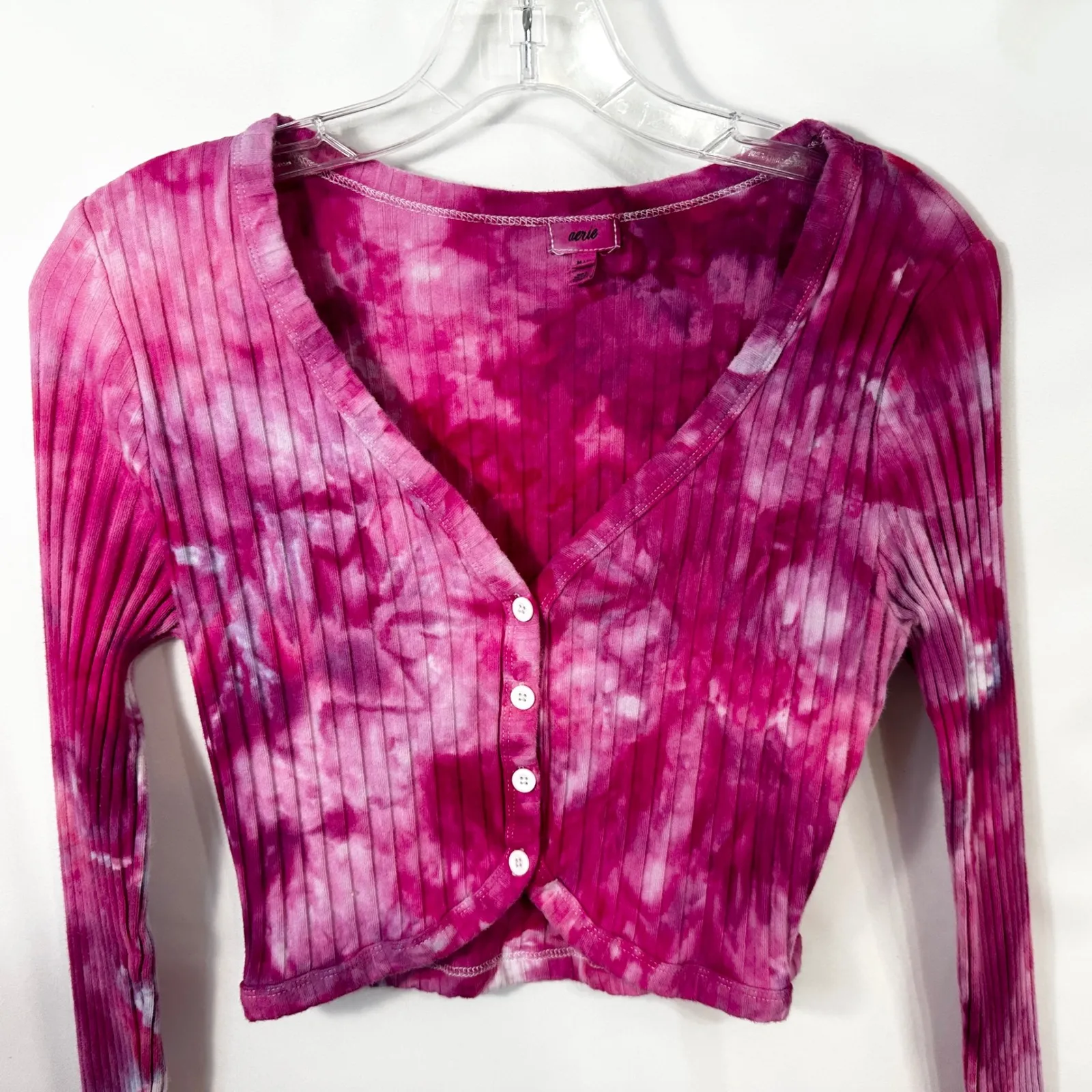 Aerie Medium‎ Crop Top Handmade Tie Dye Long Sleeve Hot Pink Knit Preppy 1025 - Image 4