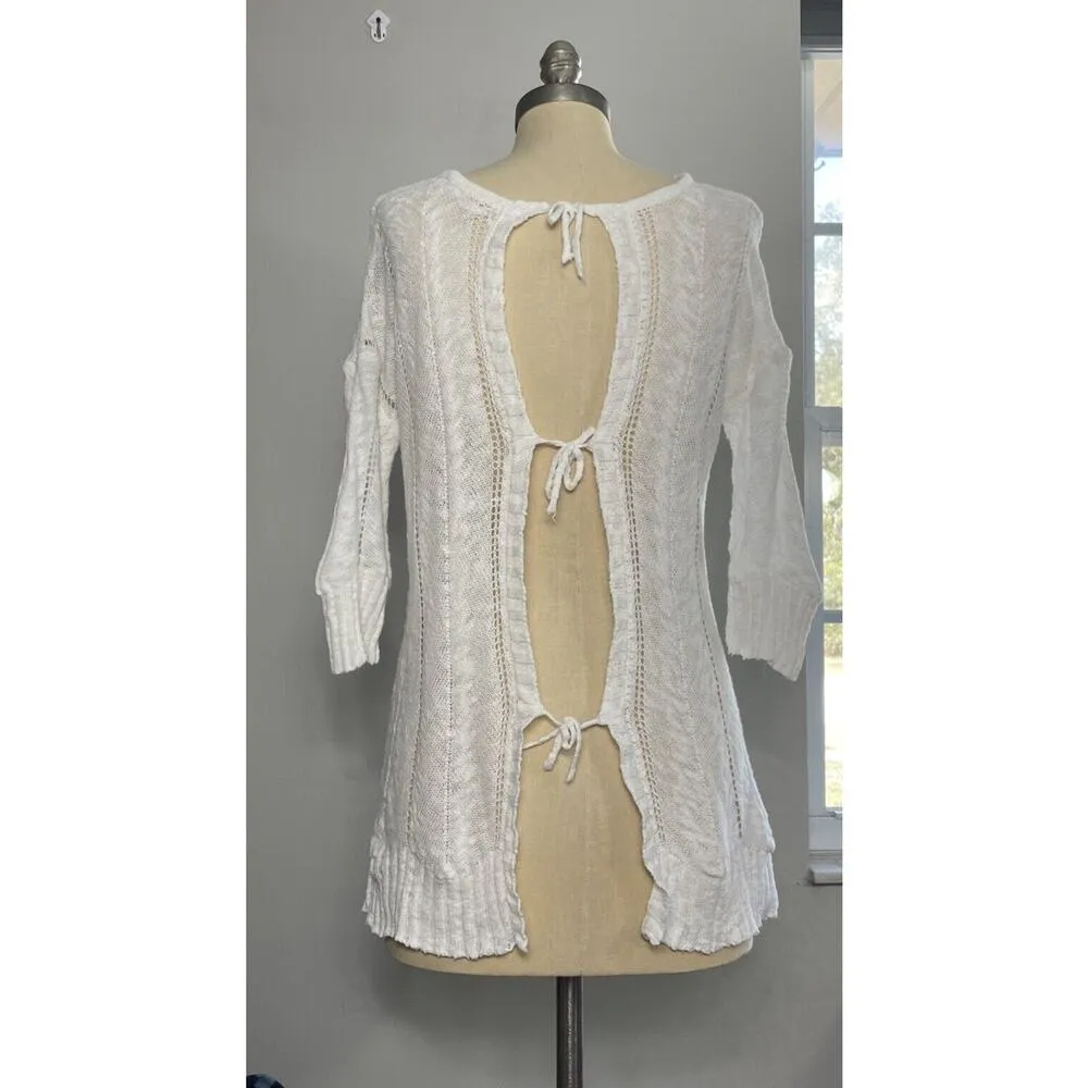 Knitted & Knotted Womens S Linen Blend Top Open Knit Tie Back Longline White - Image 2