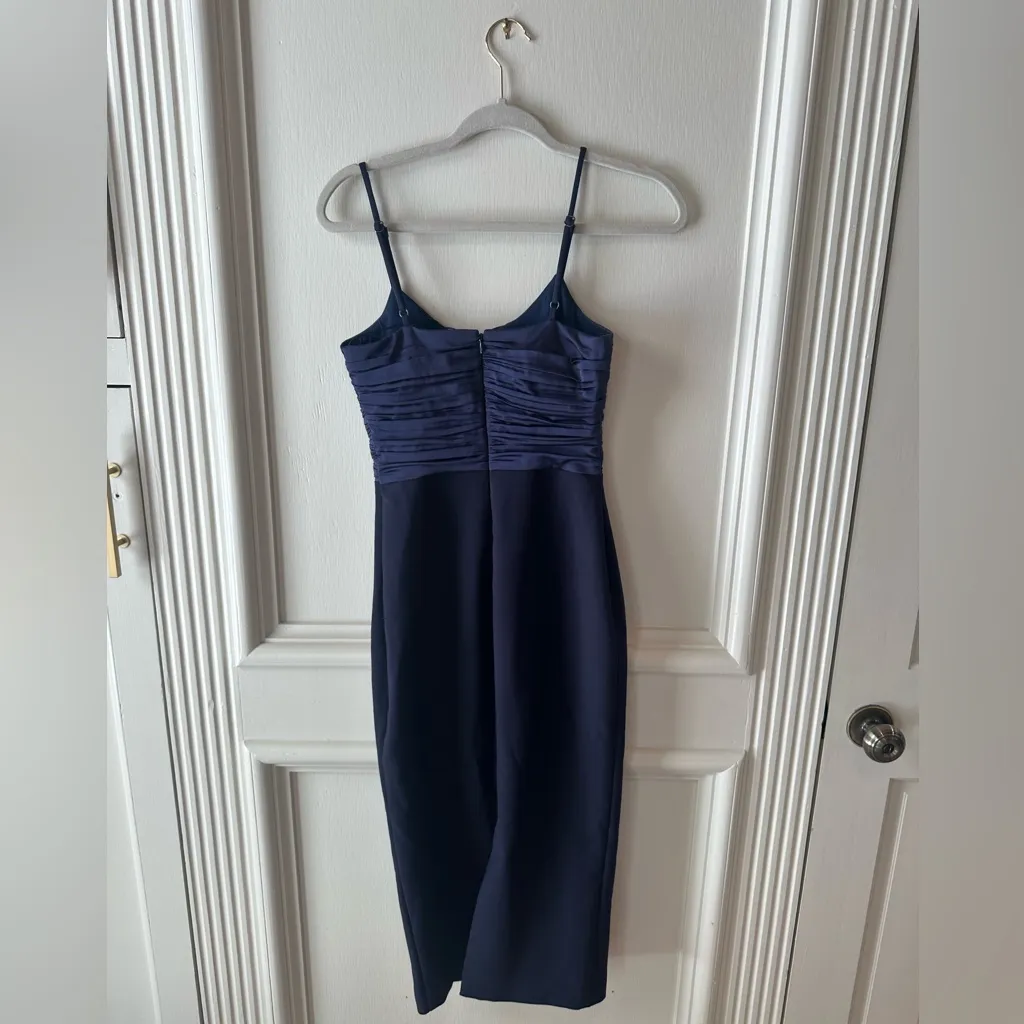 LIKELY Steph Ruched Satin & Crepe Midi Dress NWT 00 | Navy Cocktail Gown - Image 7