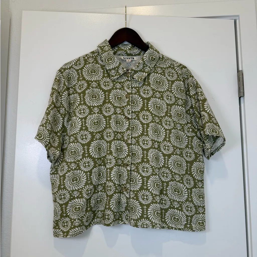 Sisstrevolution Chic Olive Green Patterned Button Down Shirt Size L - Image 2