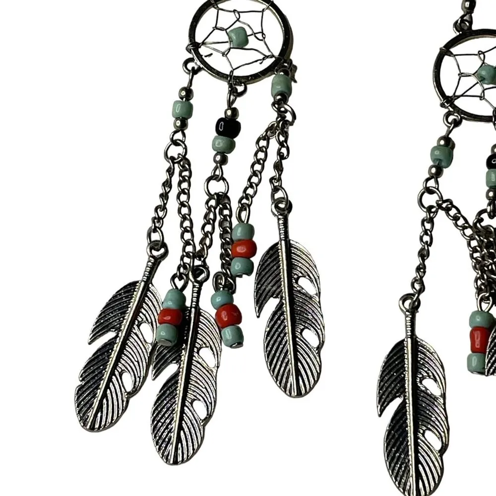 Boho Dreamcatcher Feather Earrings Beaded Handmade Dangle Earrings u Tribal Jewe Green - Image 2
