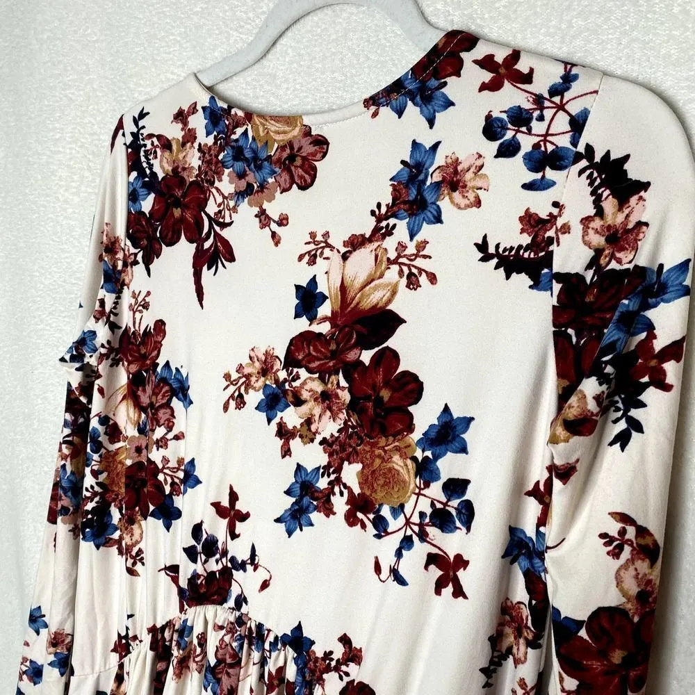 REBORN J Floral Long Sleeve High Low Pleated Midi Dress V-Neck Small Multicolor - Image 9