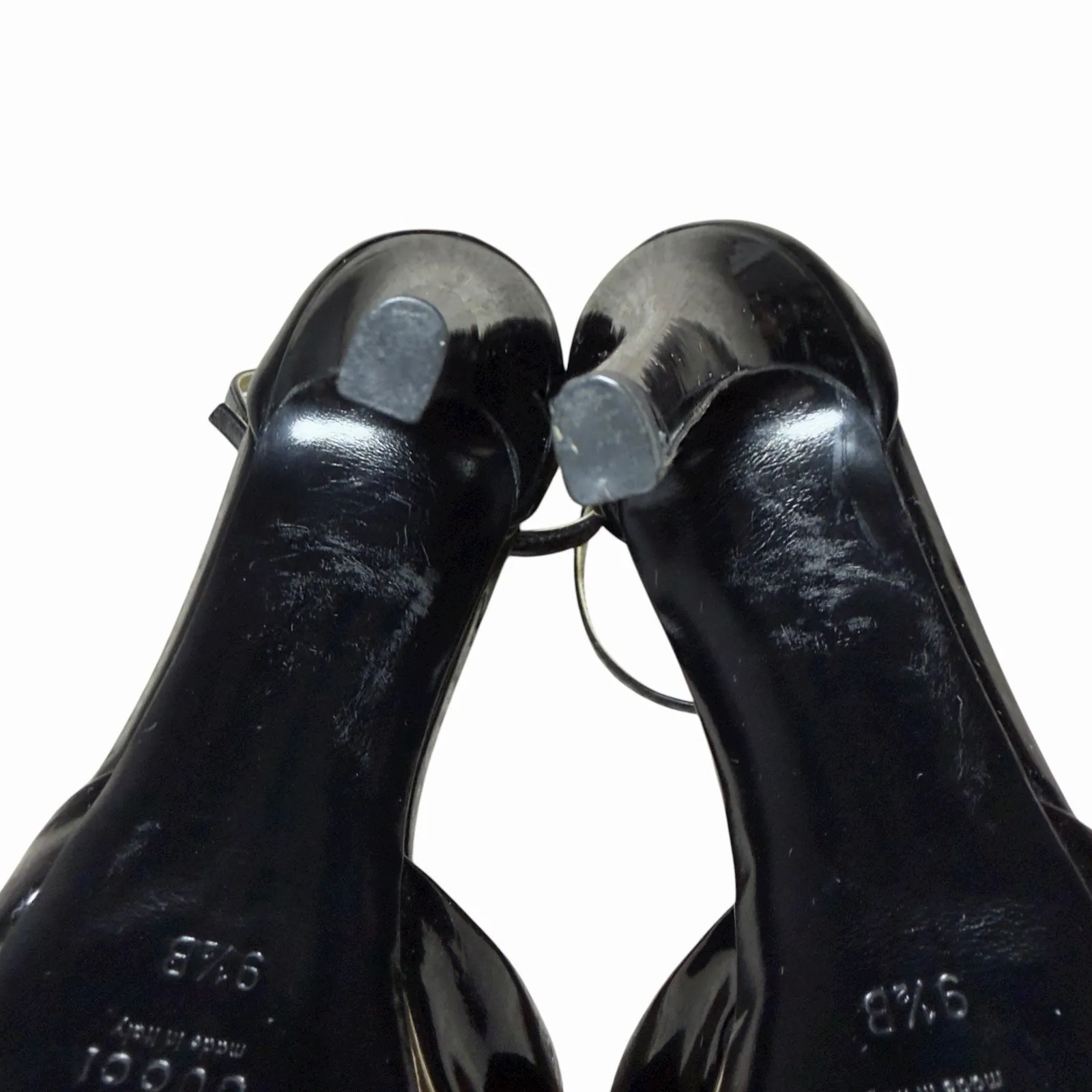 Gucci Black Patent Leather Gold Platform Peep Toe Heels 9.5B Made in Italy - Image 12