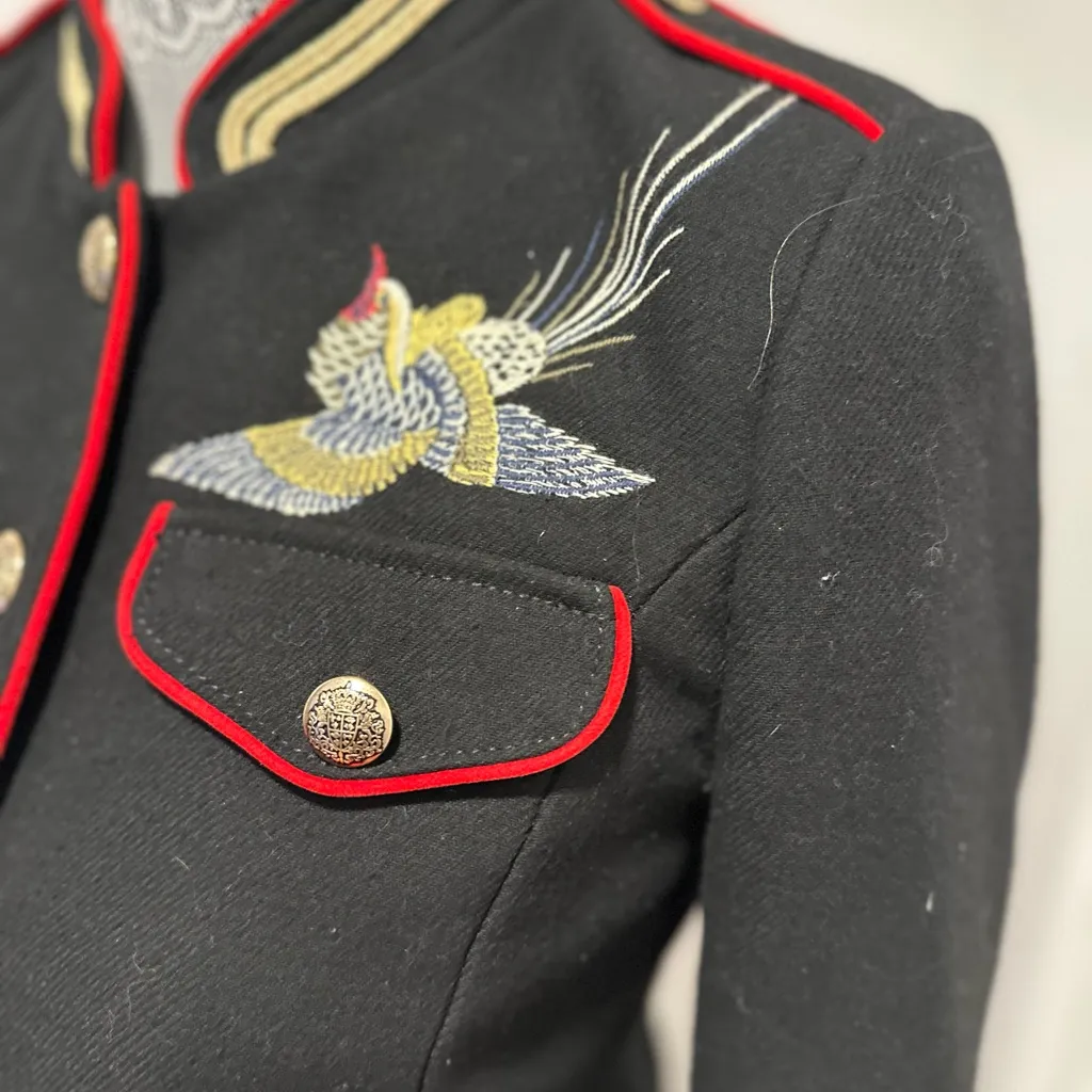 ZARA Trafaluc Sz: XS Black Military Style Embroidered Jacket Floral Birds Gold. - Image 8