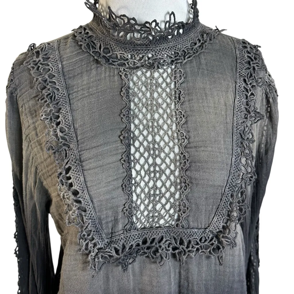 Free People FP One Witchy Edwardian Crochet Lace Blouse Size Medium Ombre Black - Image 6