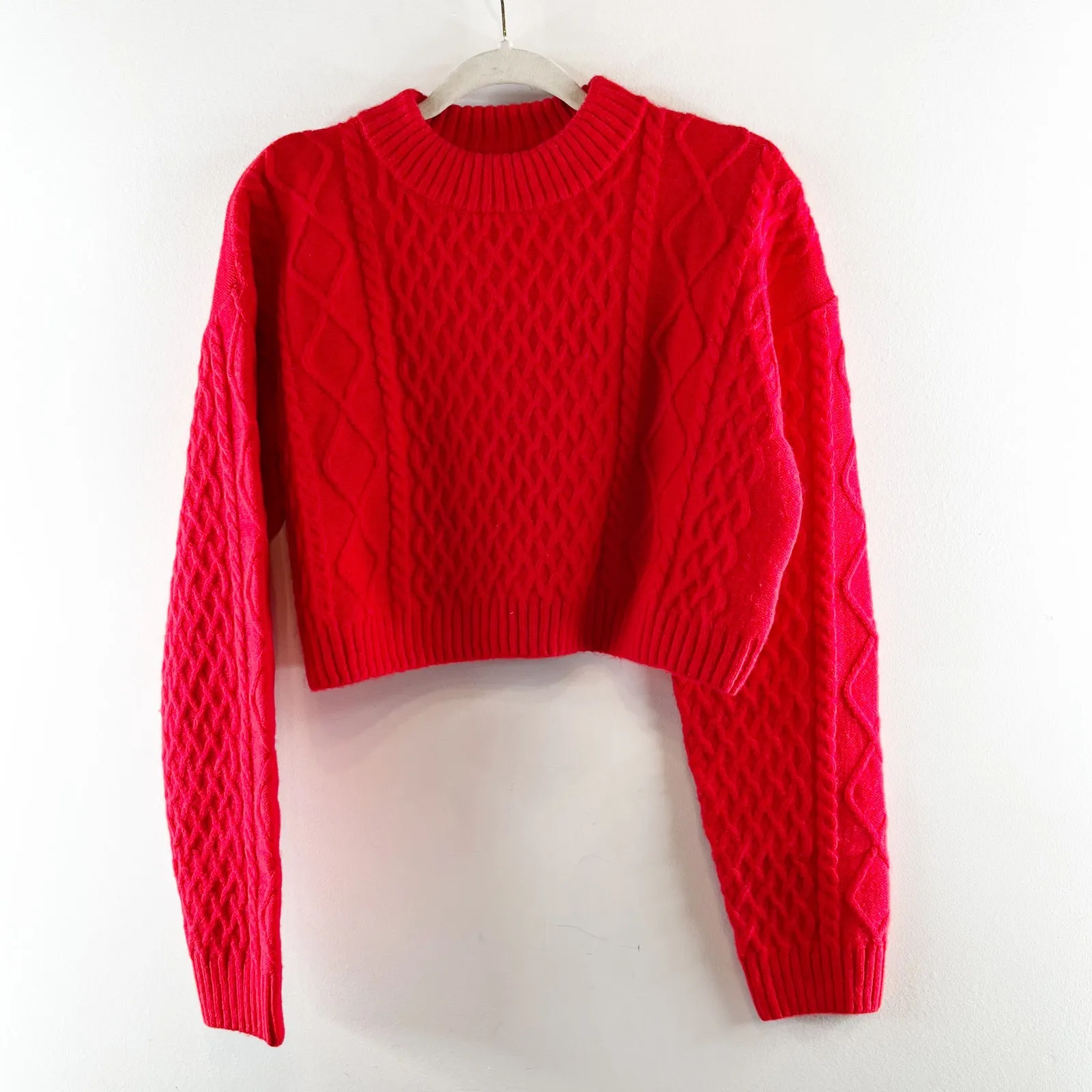H&M Long Sleeve Cropped Cable Knit Crewneck Jumper Sweater Red Small - Image 2