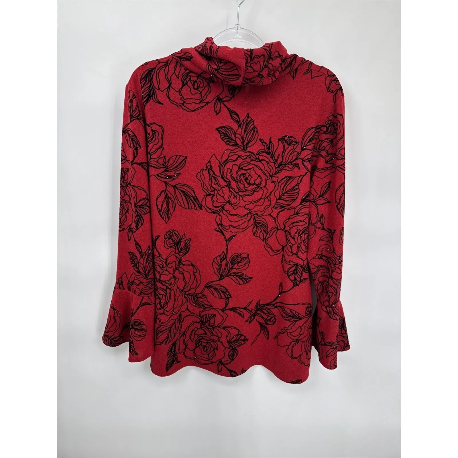 Coco Blanco Turtleneck Sweater Womens XL Red Black Floral Sequin Flutter Sleeve - Image 9